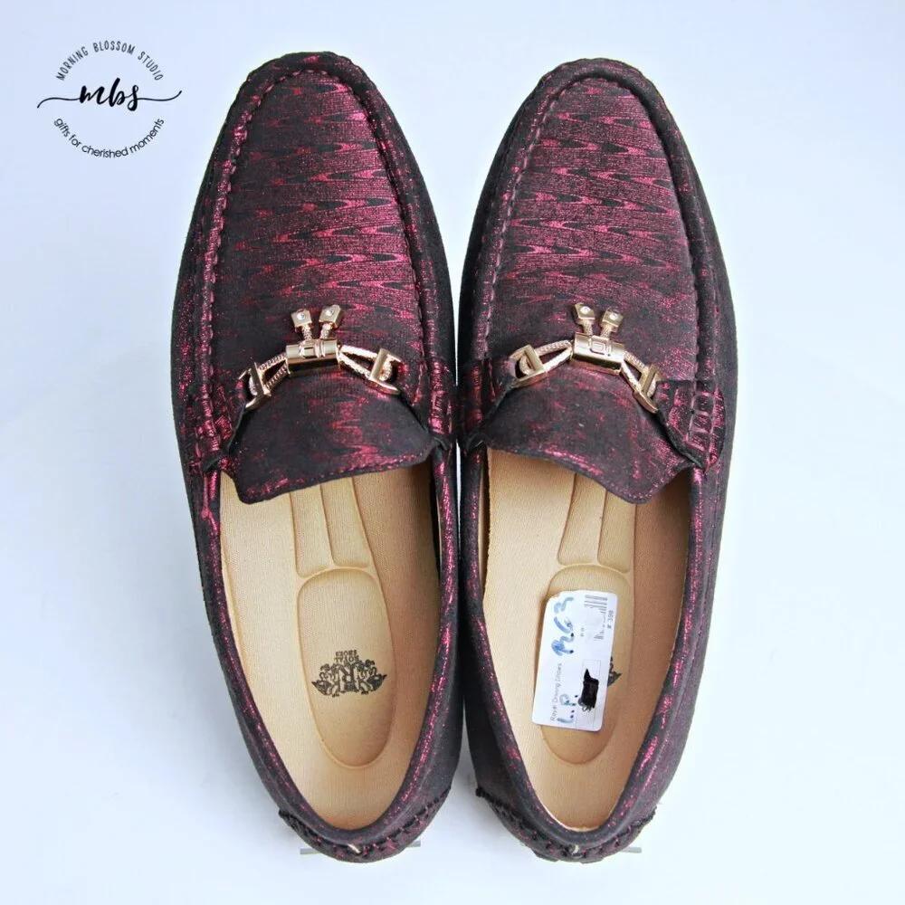 NWT Royal‎ Shoes Metallic Loafers with Golden Decor Burgundy Men 8
